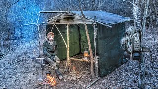 Building A Long Term Shelter In The Woods  Bushcraft shelter  Bench building  Old tools Part 1 [upl. by Adnawyt]