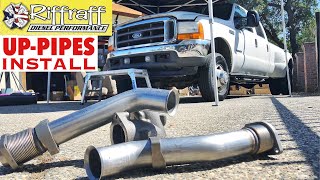 2001 F350 73  RiffRaff UpPipes Install  Stock up pipes leaking and falling apart JUNK SP [upl. by Eittocs]